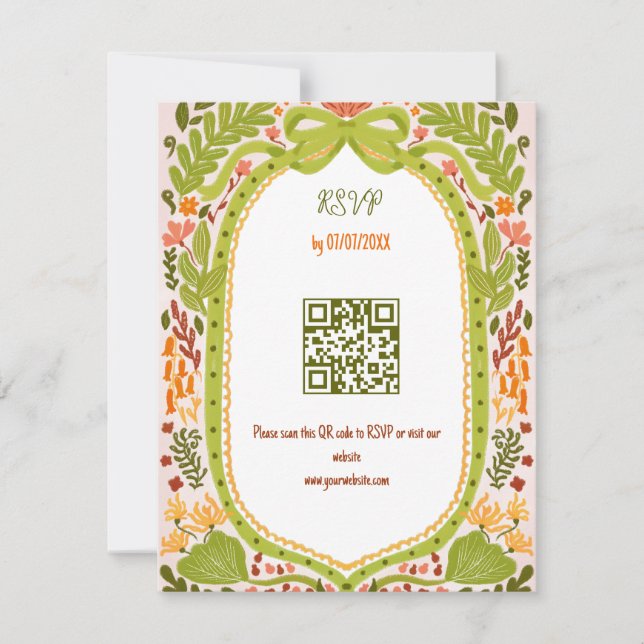 Unique Whimsical Floral Quirky QR Code Hand Drawn  RSVP Card (Front)