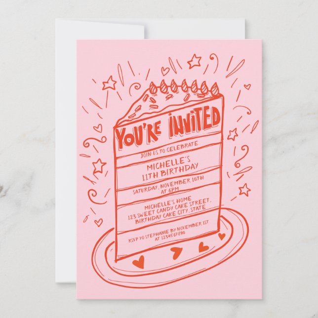 Unique Whimsical Fun Hand Drawn Birthday Cake Invitation (Front)
