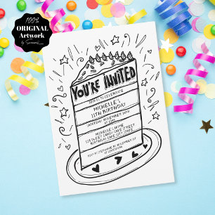 Unique Whimsical Fun Hand Drawn Birthday Cake Invitation