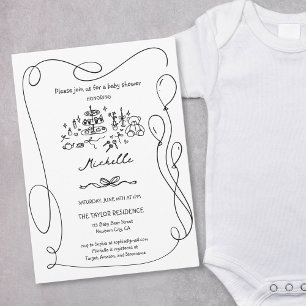 Unique Whimsical Hand Drawn Doodle Baby Shower Invitation