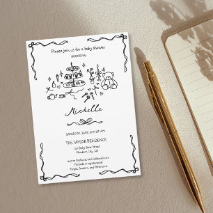 Unique Whimsical Hand Drawn Doodle Baby Shower Invitation