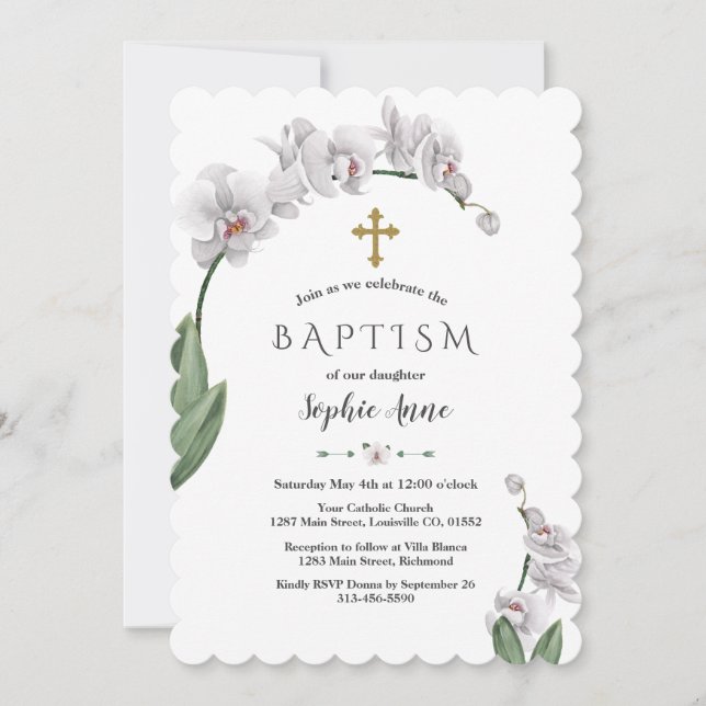 Unique White Orchid Flowers Gold Girl Baptism Invitation (Front)