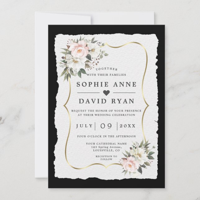 Unique White Pink Flowers Gold Wedding  Invitation (Front)