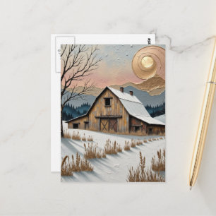 Unique Winter Barn in Mountains Painting Postcard