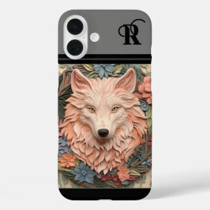 Unique Wolf and Flowers monogram iPhone 16 Plus Case