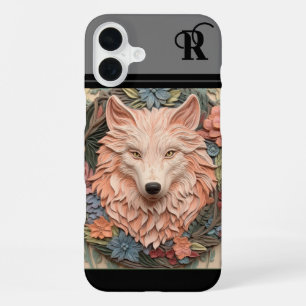 Unique Wolf and Flowers monogram iPhone 16 Plus Case