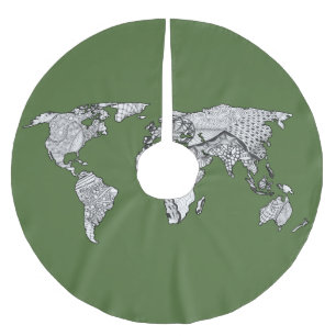 Unique World Map Art Doodle Brushed Polyester Tree Skirt