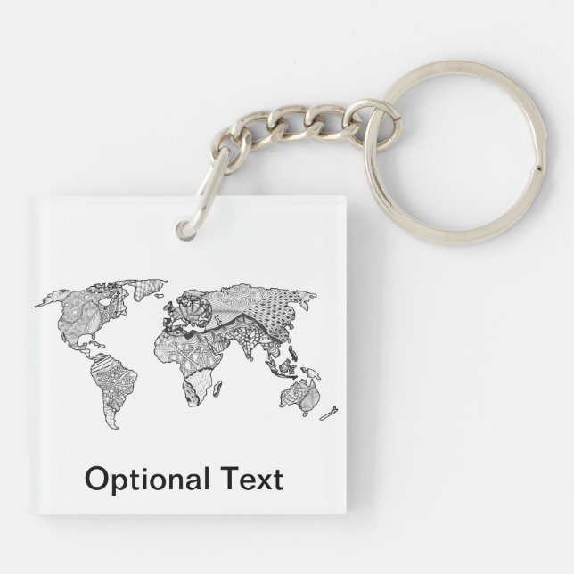 Unique World Map Art Doodle Key Ring (Back)