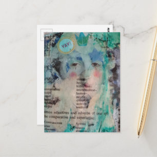 Unique YAY person mixed media Collage Postcard