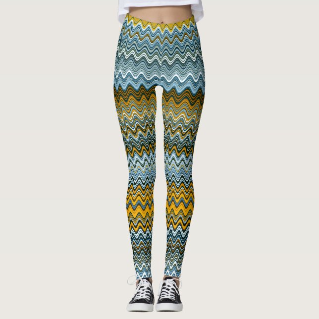 Unique Yellow and Blue Wavy Pattern Leggings (Front)