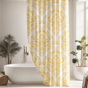 Unique Yellow & White Classic Damask Pattern Shower Curtain