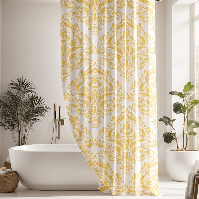 Unique Yellow & White Classic Damask Pattern Shower Curtain (Creator Uploaded)