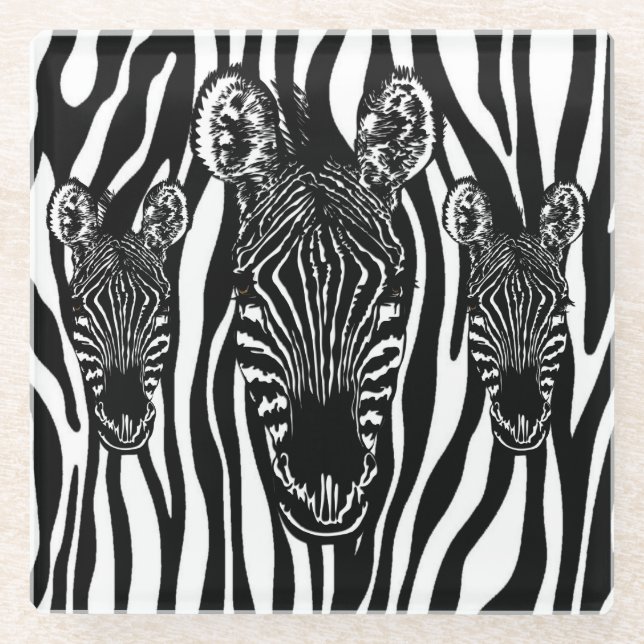 Unique Zebra Head on Zebra Print Glass Coaster (Front)