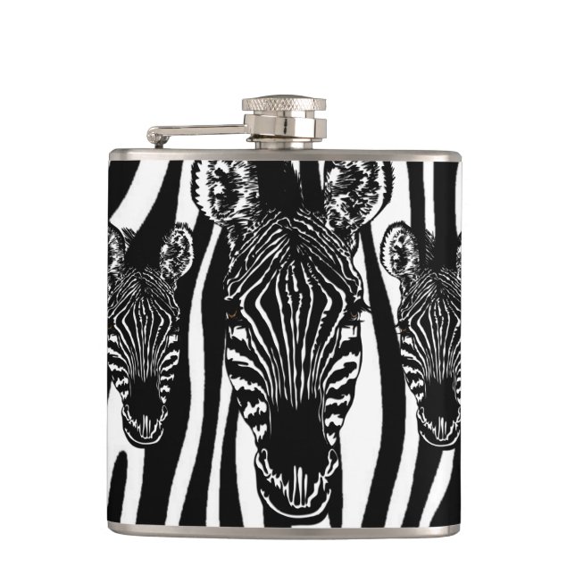 Unique Zebra Head on Zebra Print Hip Flask (Front)