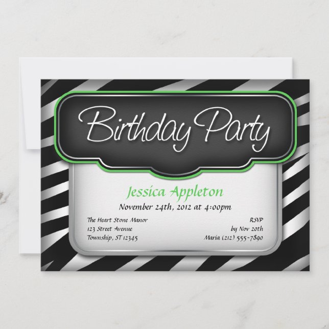 Unique Zebra Print Green Birthday Invitations (Front)