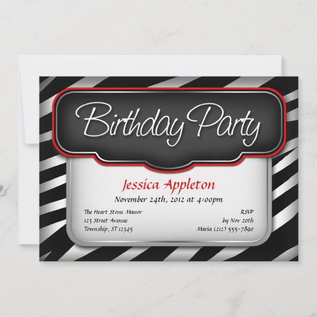 Unique Zebra Print Red Birthday Invitations (Front)