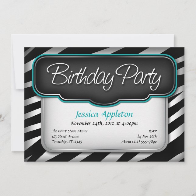 Unique Zebra Print Teal Birthday Invitations (Front)