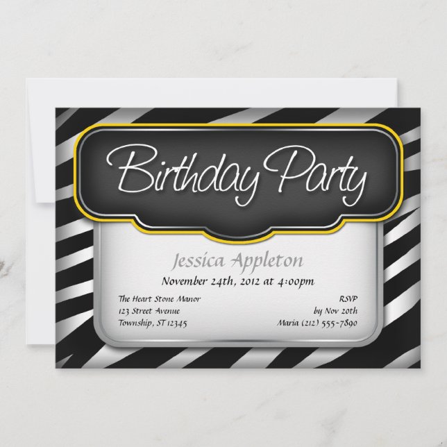 Unique Zebra Print Yellow Birthday Invitations (Front)