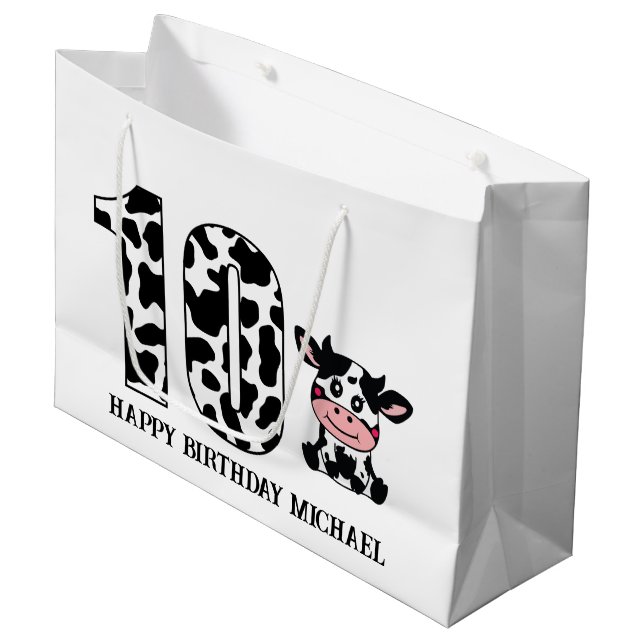 unisex 10th kids Birthday farm cow  Large Gift Bag (Front Angled)