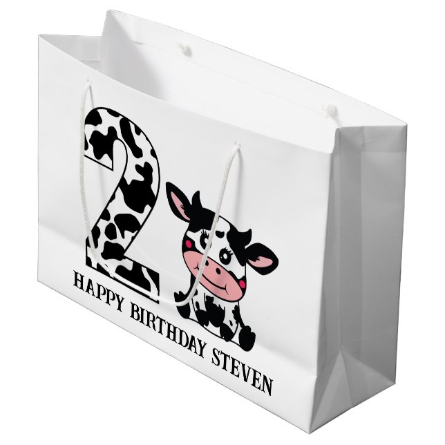 unisex 2nd kids Birthday farm cow Large Gift Bag (Front Angled)