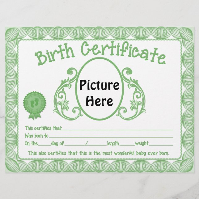 Unisex baby Birth Certificate letterhead (Front)