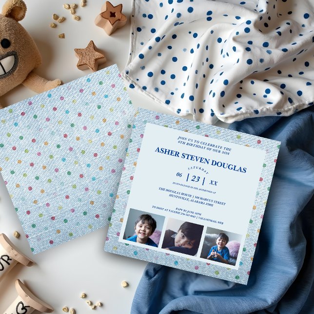 Unisex Denim Polka Dots 3 Photos Kids Birthday Invitation (Unisex denim kids birthday invitation cards.
)