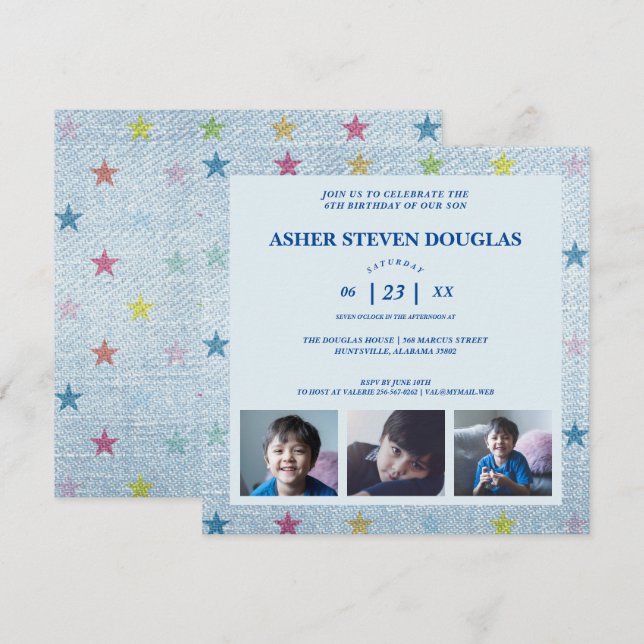 Unisex Denim Stars Three Photos Children Birthday Invitation (Front/Back)