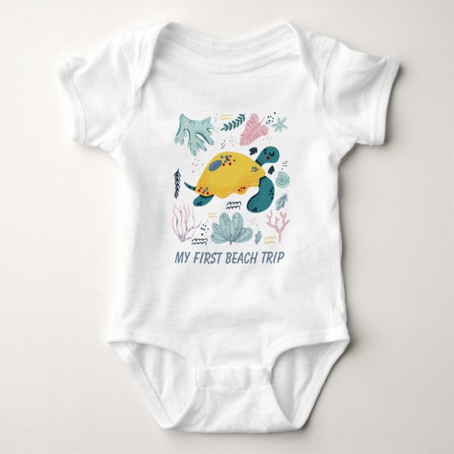 unisex first beach trip baby bodysuit (Front)