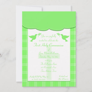 Unisex Green plaid First Holy Communion Invitation