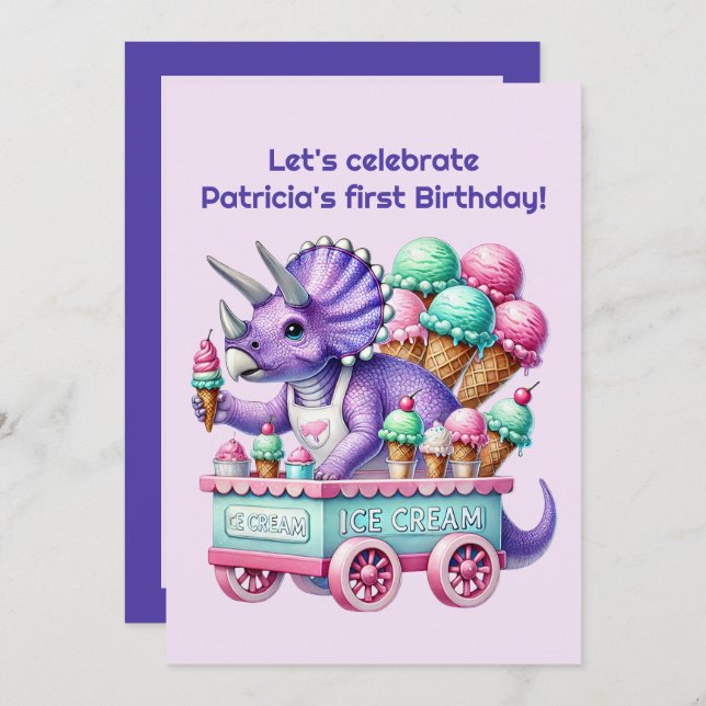 Unisex kids dinosaur ice cream party  invitation (Front/Back)