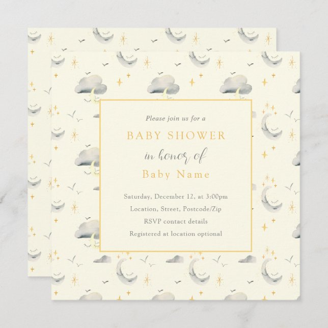 Unisex  moon and clouds baby shower invitation (Front/Back)