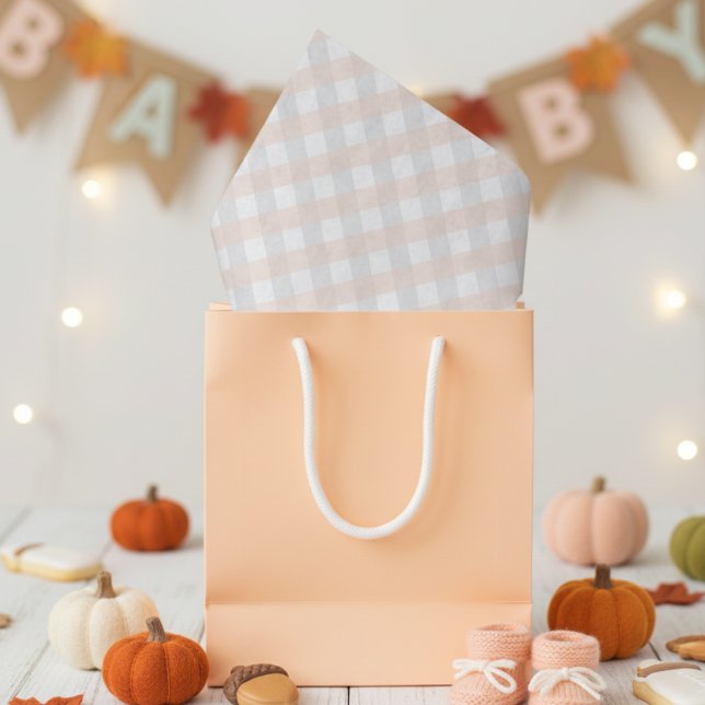 Unisex Pastel Orange and Grey Pumpkin Baby Shower Tissue Paper (Gender Neutral Pastel Orange & Gray Fall Baby Shower Tissue Paper. Gingham Pattern for Mother to Be)