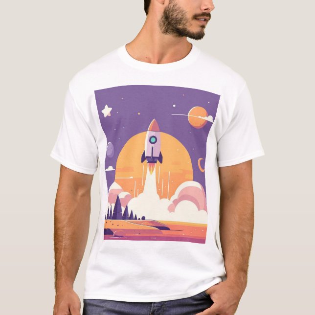 Unisex Rocket Launch Planet Alien Purple Stars Sun T-Shirt (Front)