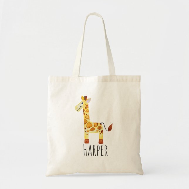 Unisex Watercolor Baby Giraffe Safari and Name Tote Bag (Front)
