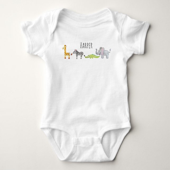 Unisex Watercolor Safari Animal Parade with Name Baby Bodysuit (Front)