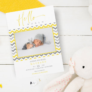 Unisex Yellow Grey Zigzag Hello World Newborn Announcement