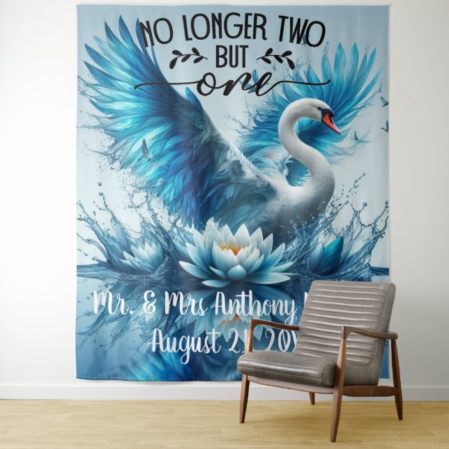 United in Grace – Swan Wedding Backdrop Tapestry (In Situ)