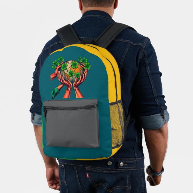 United in Green – Shamrock Motion Globe Printed Backpack (Insitu (Model))