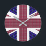 United Kingdom Flag, England, Great Britain Flag Round Clock<br><div class="desc">United Kingdom Flag,  England,  Great Britain Flag Clock.
The flag is made with images of Gemstones:
The blue background are rectangular shaped blue Sapphires.
The Red stripes are rectangular shaped Rubies.
The Stars are Diamonds.</div>