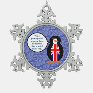 United Kingdom Flag Holiday Ms. Penguin Talking Snowflake Pewter Christmas Ornament