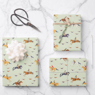 United Kingdom Fox Hunt Horse Riders Pattern Wrapping Paper Sheet