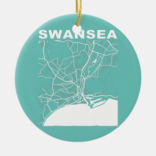 United Kingdom Souvenir Swansea City Street Map  Ceramic Tree Decoration (Front)