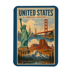 United States American Landmarks Illustration Magnet