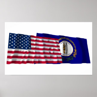 United States and Kentucky Waving Flags Poster