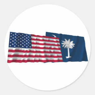 United States and South Carolina Waving Flags Classic Round Sticker