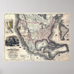 UNITED STATES CALIFORNIA GOLD RUSH MAP 1849 POSTER