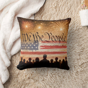 United States Constitution With Fireworks and Flag Cushion