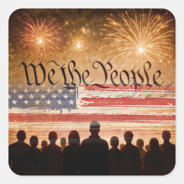 United States Constitution With Fireworks and Flag Square Sticker (Front)