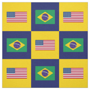 United States Flag, Brazil Flag on Blue & Yellow Fabric