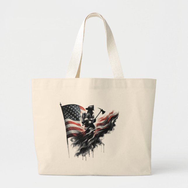  United States Flag. Firefighter Large Tote Bag (Front)